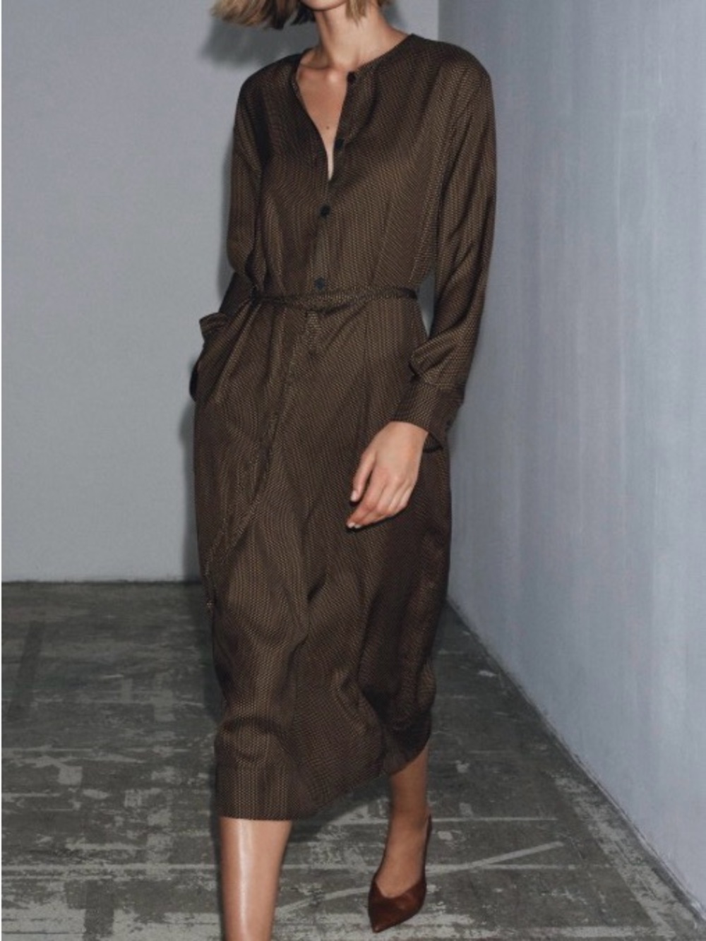 Zara Brown Midi Shirt Dress with Tie Waist